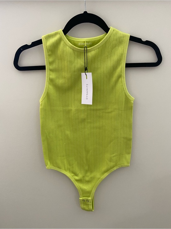 Dynamite Tops - Dynamite Ribbed Neon Lime Green Sleeveless Bodysuit
